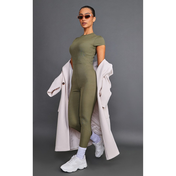 Green Ribbed Jumpsuit Size 8 Casual Lounge Khaki Minimalist Streetwear Sporty - Picture 1 of 7